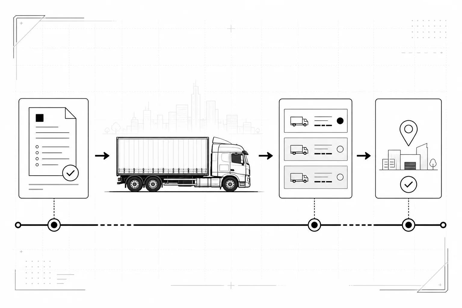 Digi TransX workflow showing a transport requirement, freight truck, transporter bids, and completed destination